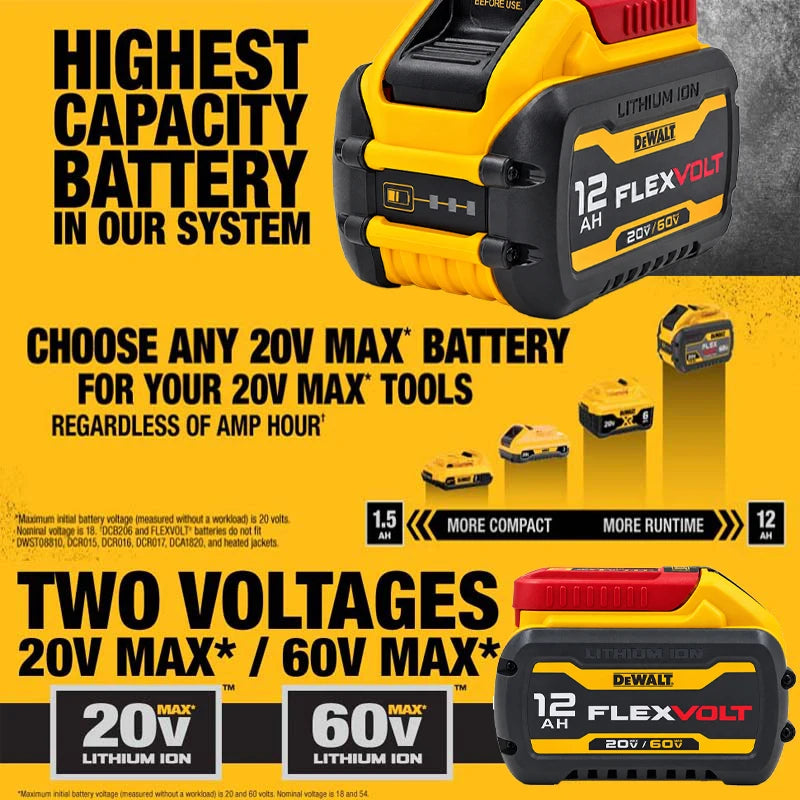 Original DEWALT FLEXVOLT DCB612 12Ah High Capacity Battery For 20V / 60V MAX Cordless Drills Circular Saws and Grinders