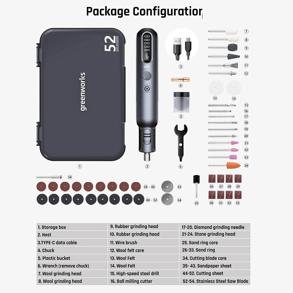 Greenworks Mini Grinder 52pcs +216 Accessories Electric Grinding Engraving Cordless Variable Speed Lithium Battery Power Tools