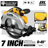 5000rpm 7inch Cordless Yellow Circular Saw Brushless Motor Multi-angle Cutting Woodworking Power Tool for Dewalt 20v Battery Pin