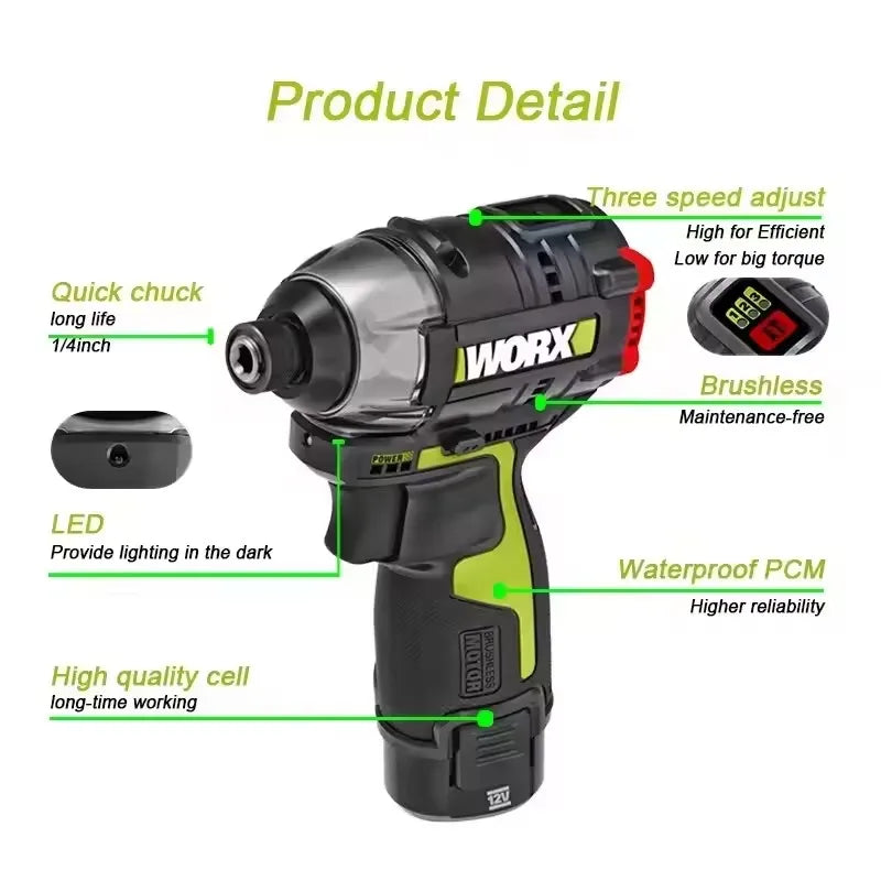 WORX WU132X WU132 Cordless Impact Screwdriver 320W 160Nm 12v 3600rpm Brushless Motor Adjust Torque Univeral Battery Power Tool
