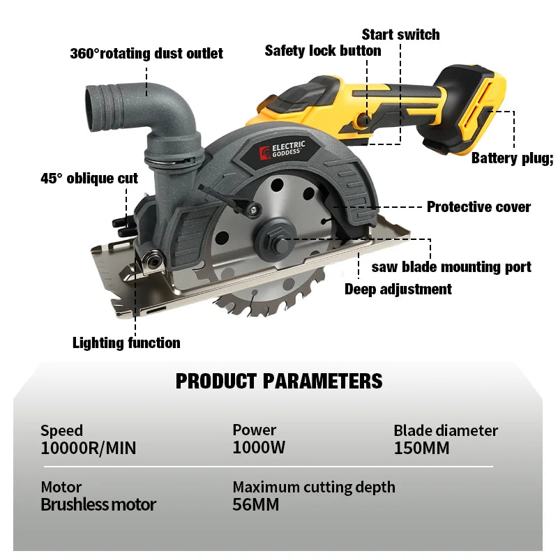 Electric Goddess 6Inch 150mm Brushless Circular Saw Adjustment Woodworking Electric Cutting Tool For Dewalt 20V Battery Pins