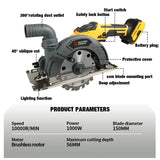 Electric Goddess 6Inch 150mm Brushless Circular Saw Adjustment Woodworking Electric Cutting Tool For Dewalt 20V Battery Pins