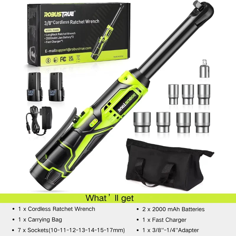 Robustrue 3/8" Cordless Ratchet Wrench 6-inch Extended Ratchet Wrench 40Ft-lbs 400RPM Cordless Ratchet with 2.0Ah Battery for Makita