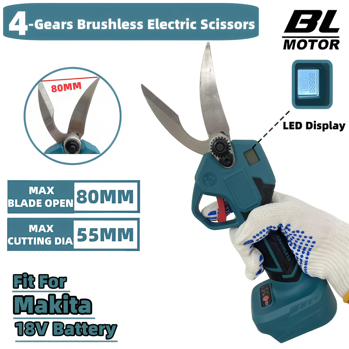 For Makita 18V Battery 55MM Brushless 4 Gears Electric Scissors Cordless Pruning Shears Fruit Tree Branche Cutter Garden Tool