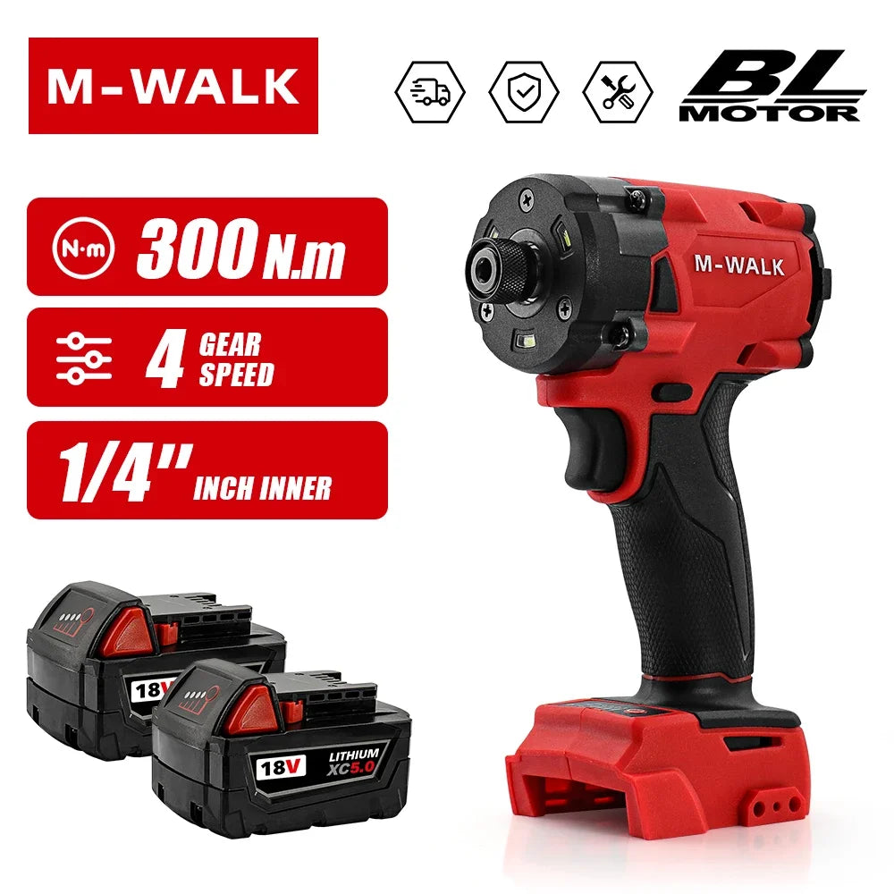 M-WALK Brushless Screwdriver For Milwaukee 18V Battery Pin 300N.M Adjustable Speed Forward Reverse Rotation Electric Screwdriver