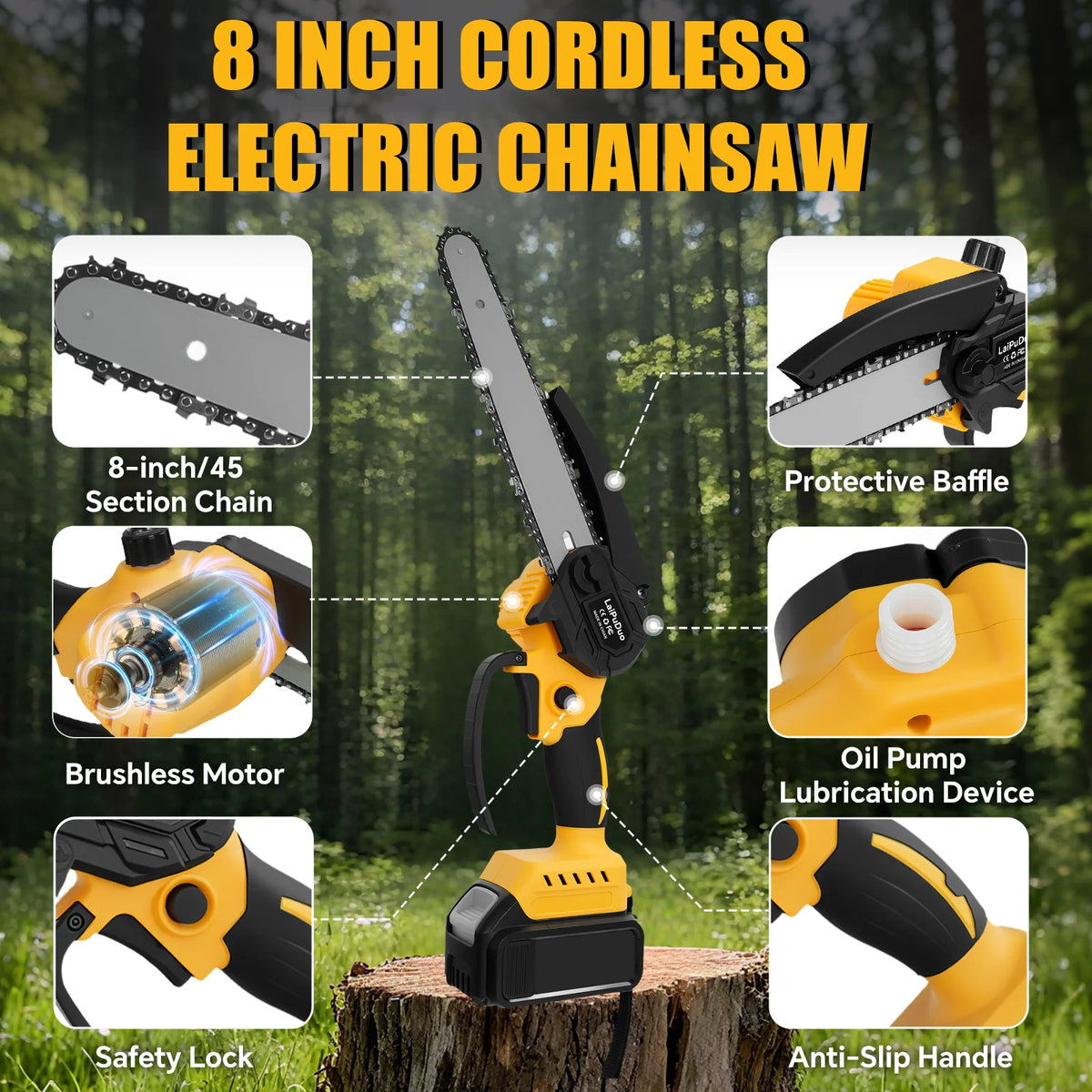 8 Inch Mini Electric Chainsaw Brushless Handheld Power Chain Saw for Tree Trimming Wood Cutting Fit for Dewalt 20V Battery Pin