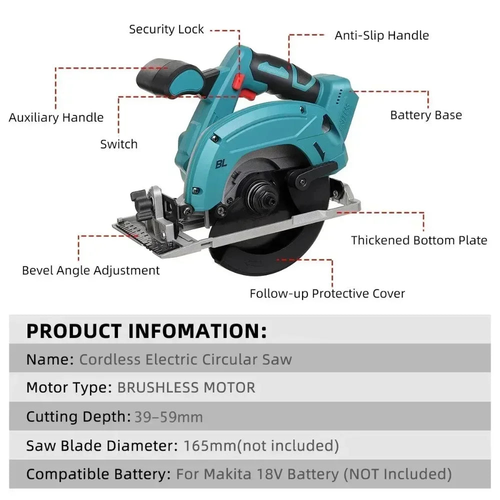 165mm Brushless Circular Saw Cordless Electric Saw for Wood Metal Ceramic Stone Wall Cutting Electric for Makita 21V Battery