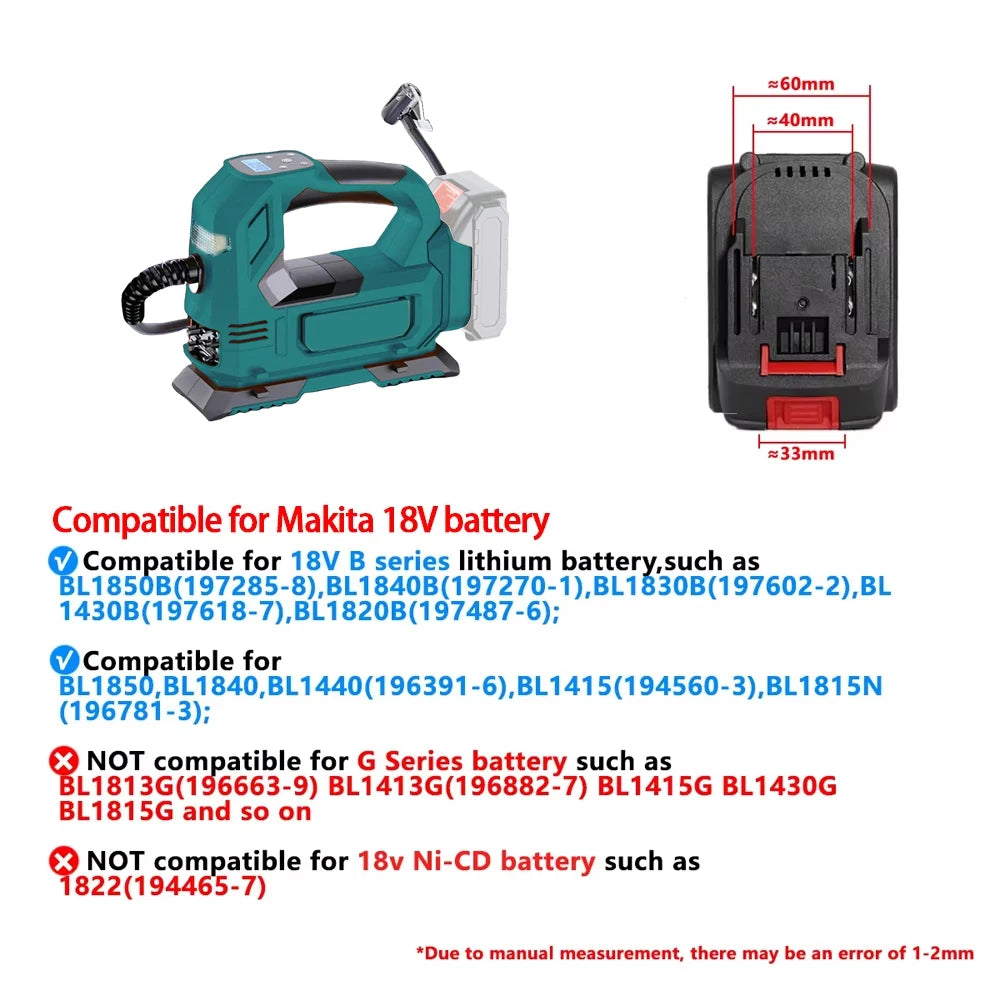 Electric Air Pump Powered Inflator Cordless Car Tire Air Compressor Inflatable Pump Fit Makita/Dewalt/Milwaukee 18V No Battery