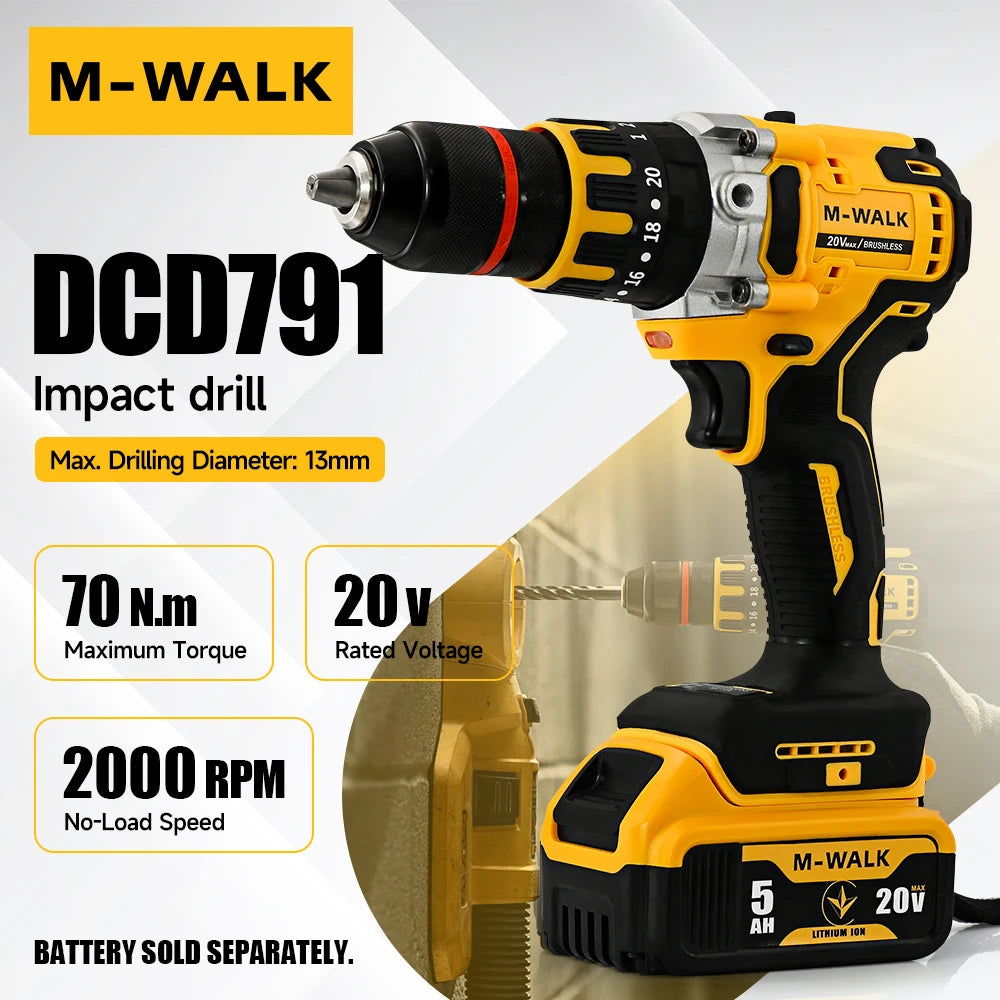 M-WALK DCD791 Brushless Electric Drill 13mm Cordless Screwdriver Rechargeable Impact Driver Tools For Dewalt 18/20V Battery Pins