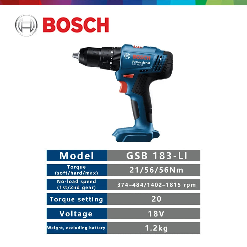 BOSCH GSB183 Li Brushless Electric Drill 18V Household Driver Impact Drill Cordless Screwdriver Original Power Tool