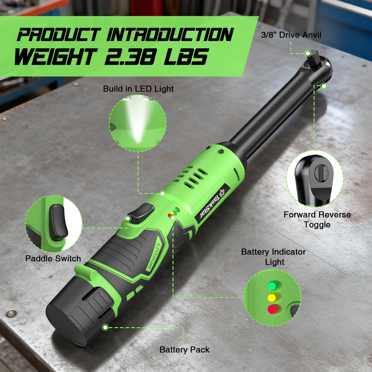 TaskStar 6 Inch Extended Cordless Ratchet Wrench 3/8" Portable Electric Wrench 36.88Ft-lbs for Car Repair 2*2.0Ah Battery Powered Handheld Angle Wrench with LED Work Light
