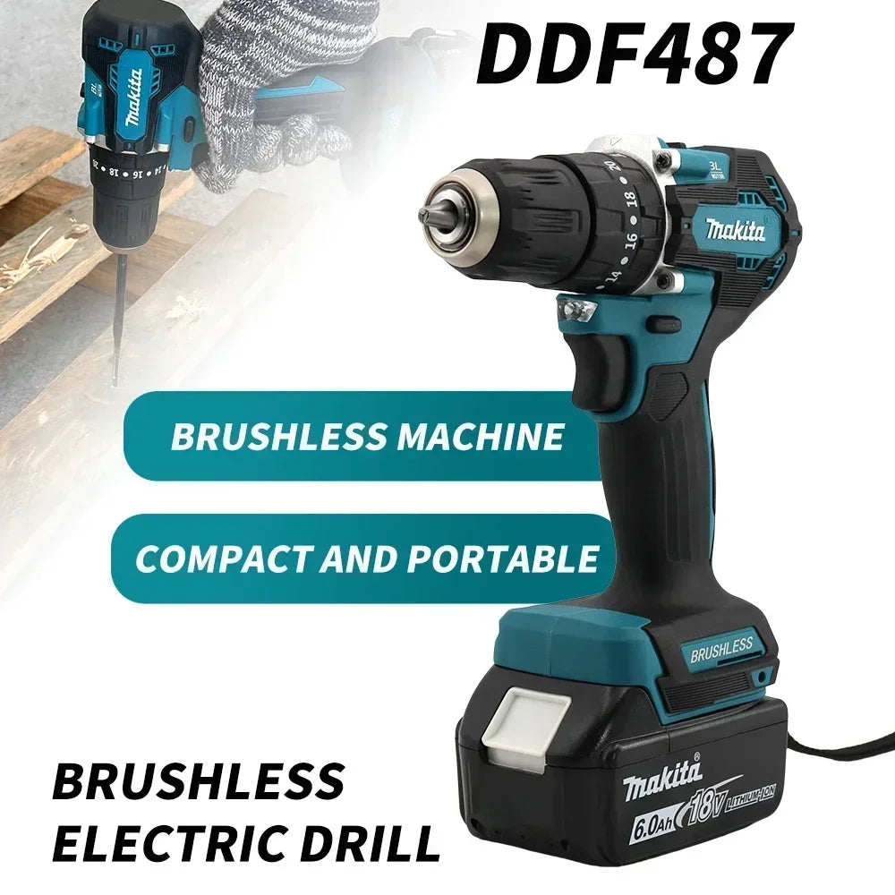 Makita Original. DDF487 Cordless Driver Drill Brushless Electric Impact Screwdriver Rechargeable Power Tool 18V