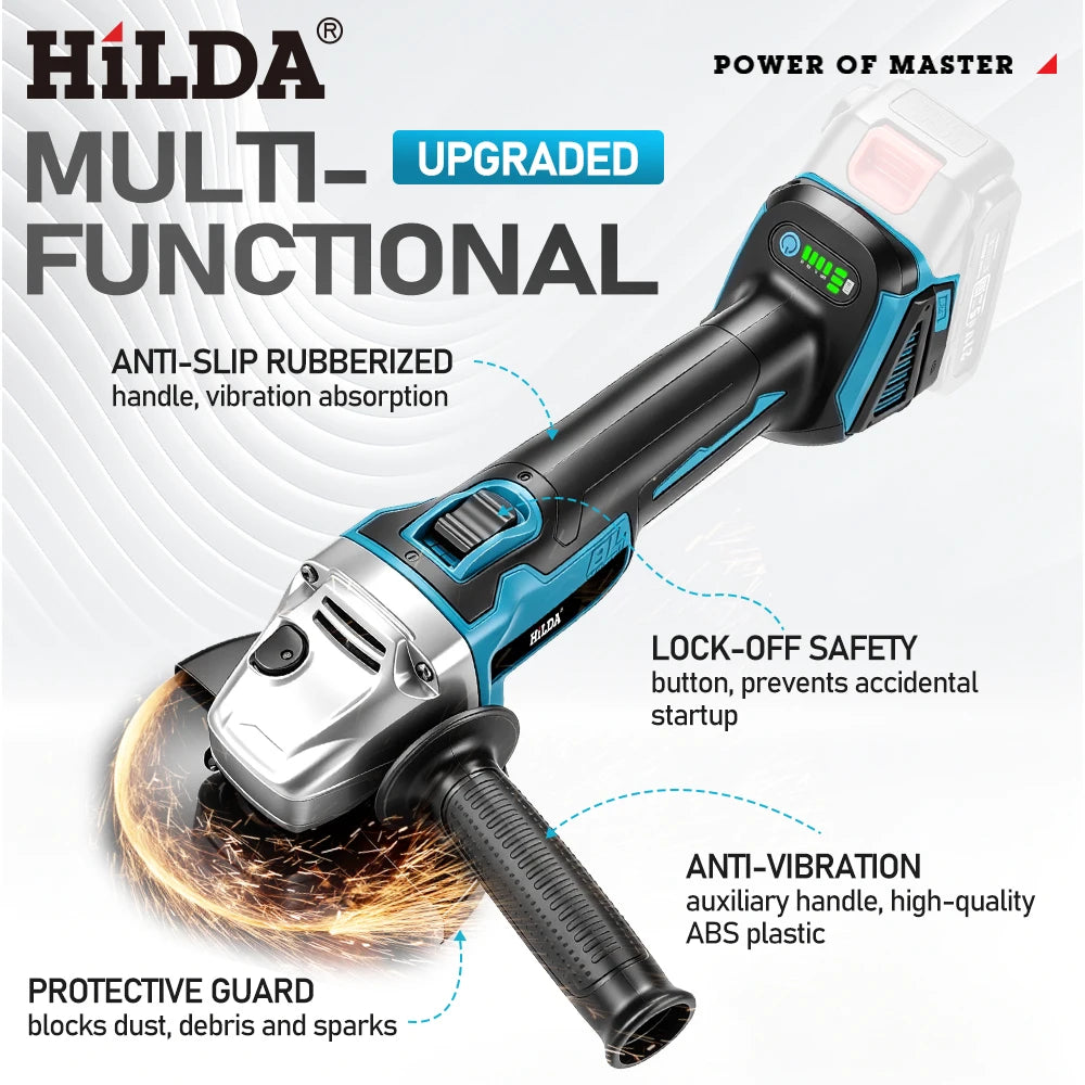 HILDA 21V Brushless Angle Grinder Cordless Handheld Electric Power Tool for Makita Battery For Metal Wood Cutting