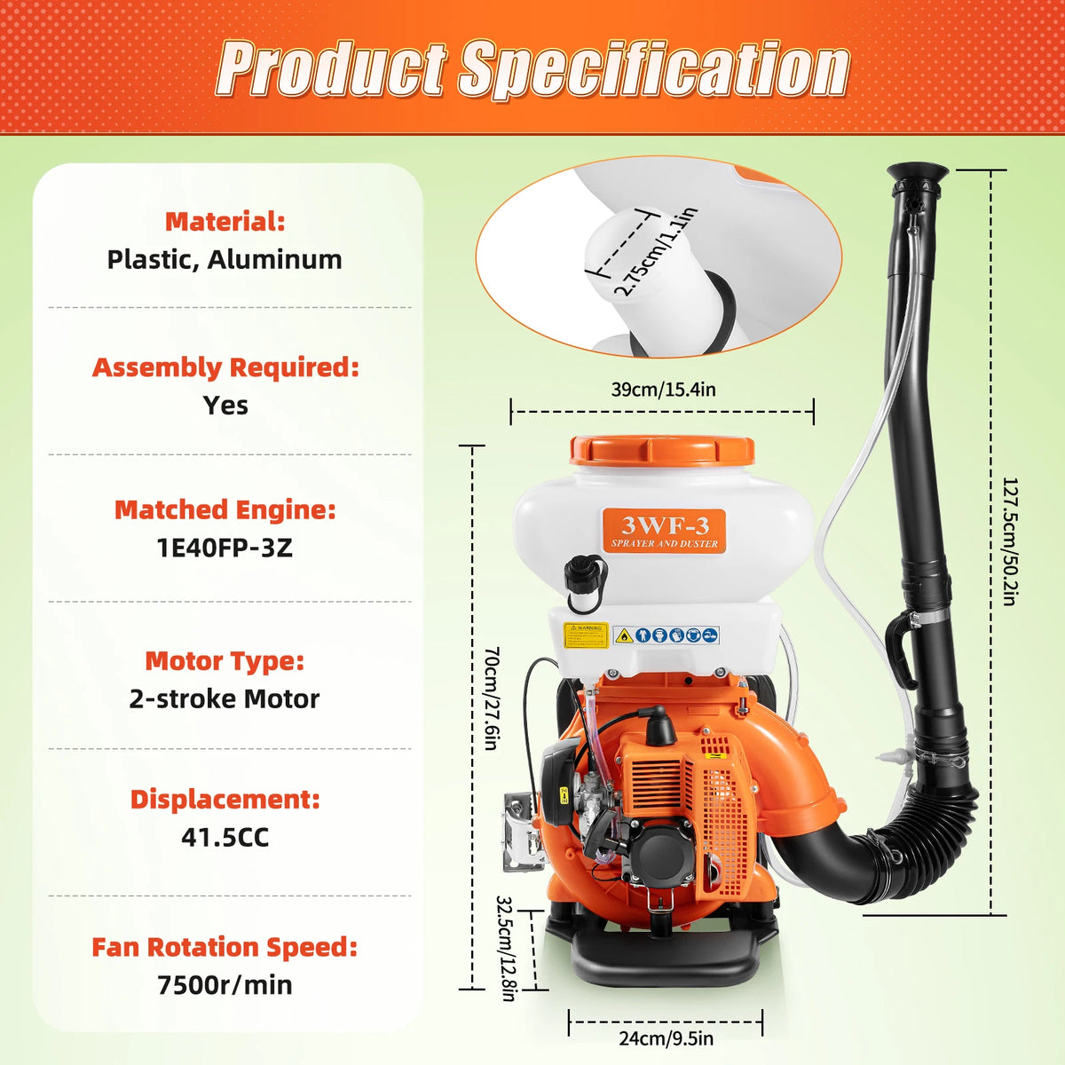 3.7Gal Large Capacity Backpack Sprayer Gas Powered 2-stroke Motor 41.5CC 7500r/min Spraying Machine