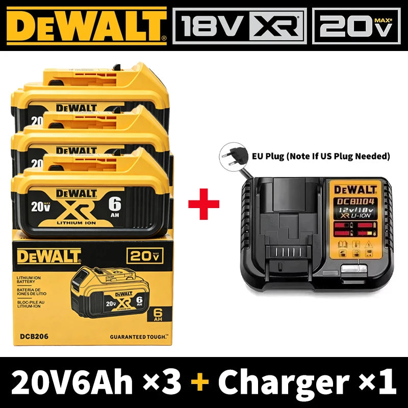100% Original DEWALT XR 20V Battery 6Ah Rechargeable Li-Ion DCB206 Replacement Power Tool Battery Charger Combo DCB184 DCB200