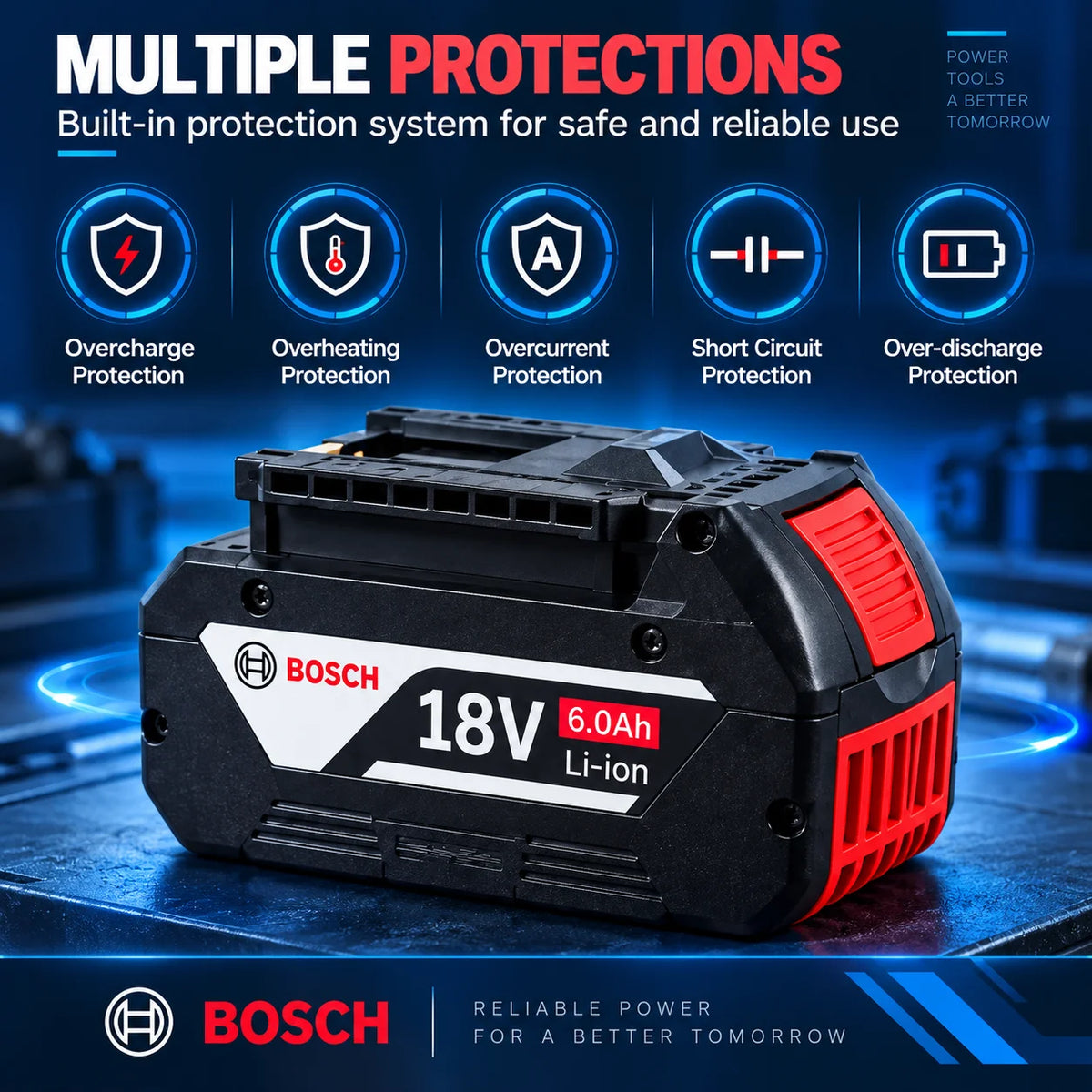 Bosch 18V 6.0Ah Lightweight Compact Genuine Battery for DIY Home Repair Fits BAT609G BAT610G GSR18V-LI Tools