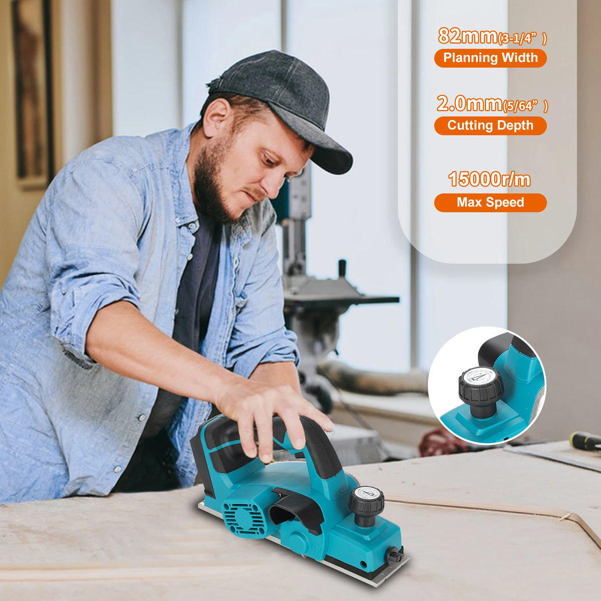 Heimerdinger 18V Rechargeable Lithium Battery Powered Handheld Woodworking Tool Brushless Cordless Electric Planer, No battery