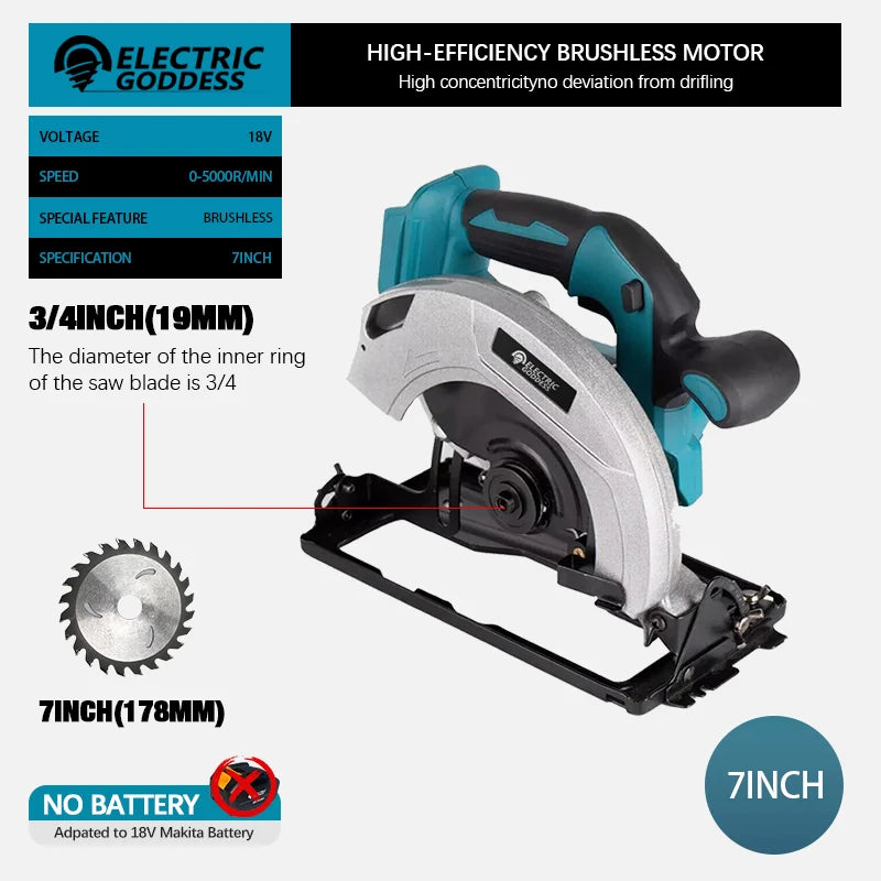 5/7-inch Cordless Circular Saw 5000rpm Brushless Woodworking Saw 45degree Cut Adjustment Circular Saw For Makita 18V Battery Pin