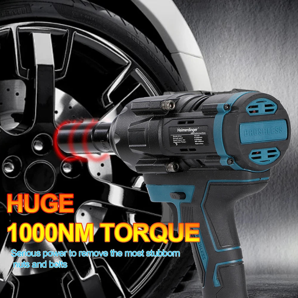 Heimerdinger 18V 1000NM 1/2 brushless cordless impact wrench compatible with makita battery for car, truck repair, No battery