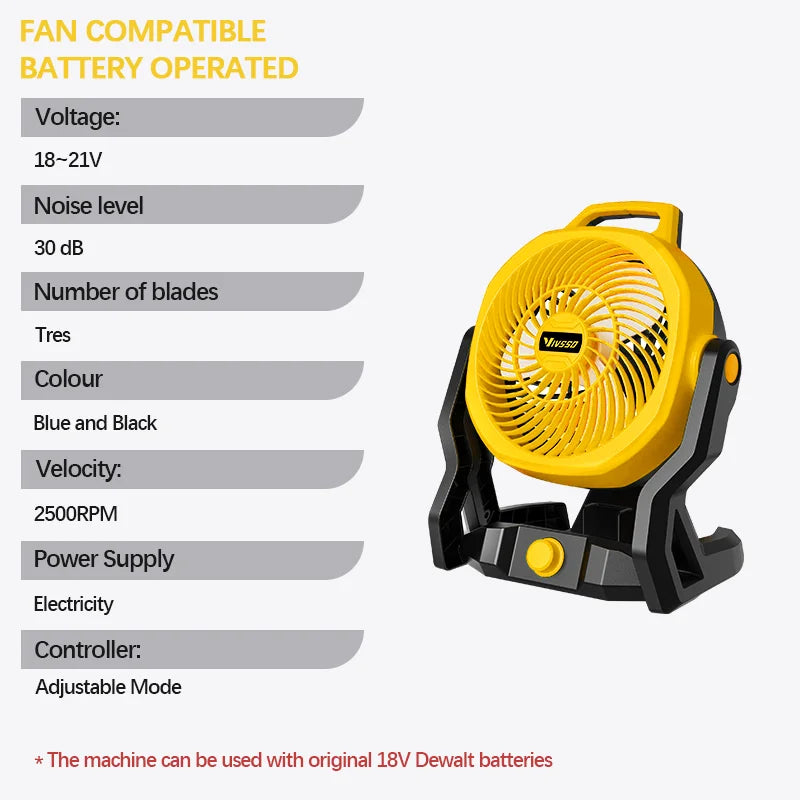 VIVSSO 12 Inch Fan 3 Speed Adjustable Outdoor Camping Fan Table Portable Air Circulators For Dewalt 20V Battery Pins