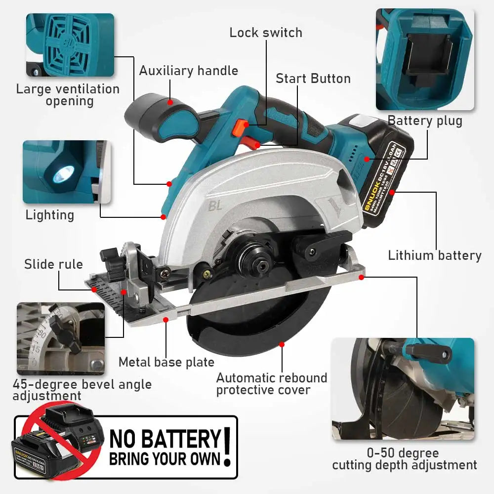 SNUOK 6in/7in/7.5in Brushless Electric Circular Saw No Battery Cordless Woodwork Electric Cutter Suitable for Makita 18V Battery