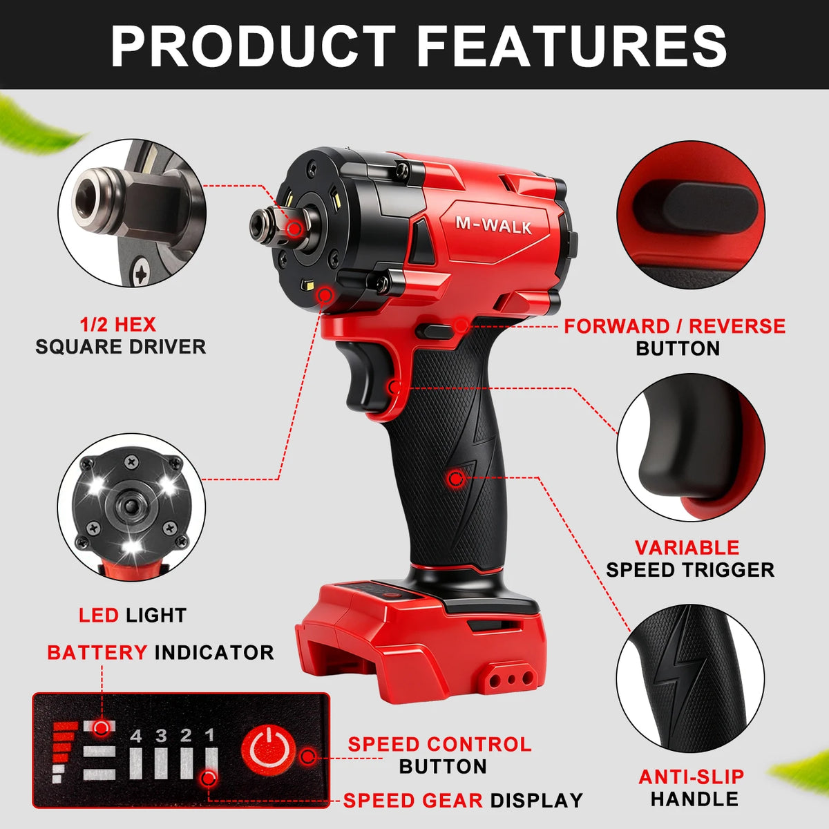M-WALK 1/2" Brushless Electric Impact Wrench 300N.M Torque Removal Screw Nut Screwdriver Power Tools For Milwaukee 18V Battery