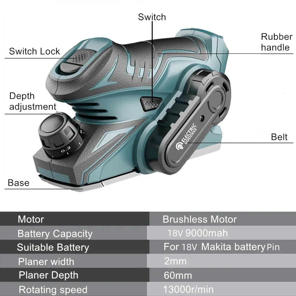13000RPM Brushless Mini Electric Planer Cordless Handheld Planer Wood Cutting Milling EngravingTool For Makita 18V Battery Pin
