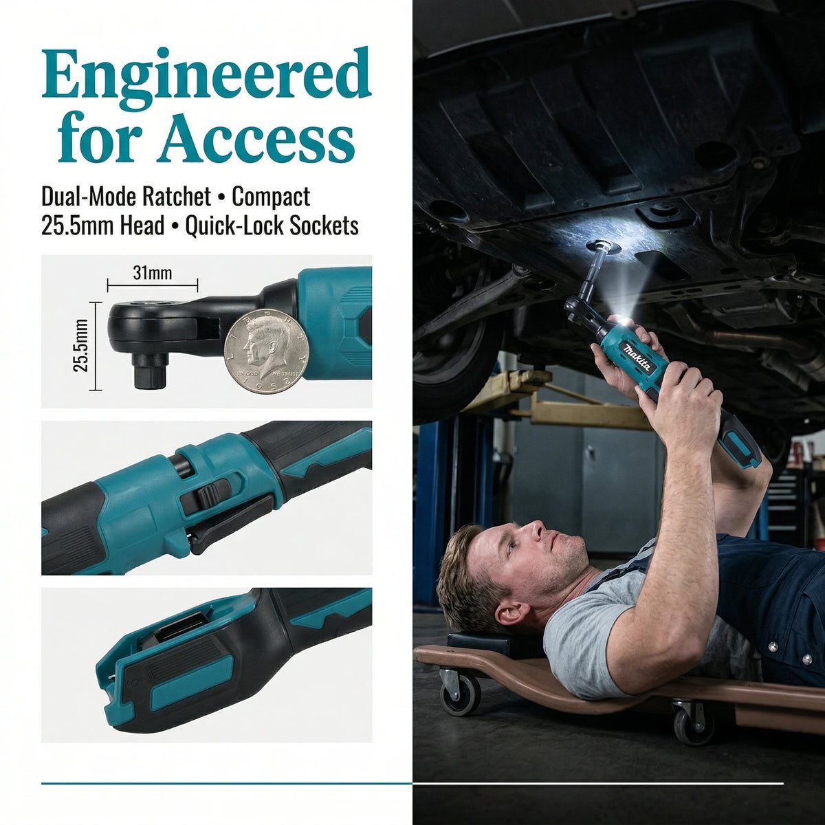 Makita DWR180 18V Cordless Ratchet Wrench 47.5Nm 0-800RPM 1/4 3/8 Drive with LED and Electric Brake for Tight Space Work