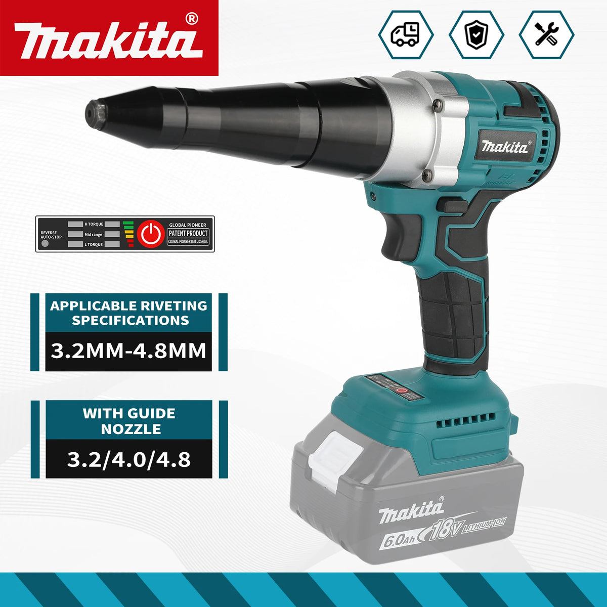 Makita Brushless Cordless Electric Rivet Gun 3.2-4.8mm ,18V Battery for Stainless Steel Aluminum Rivets DIY & Industrial