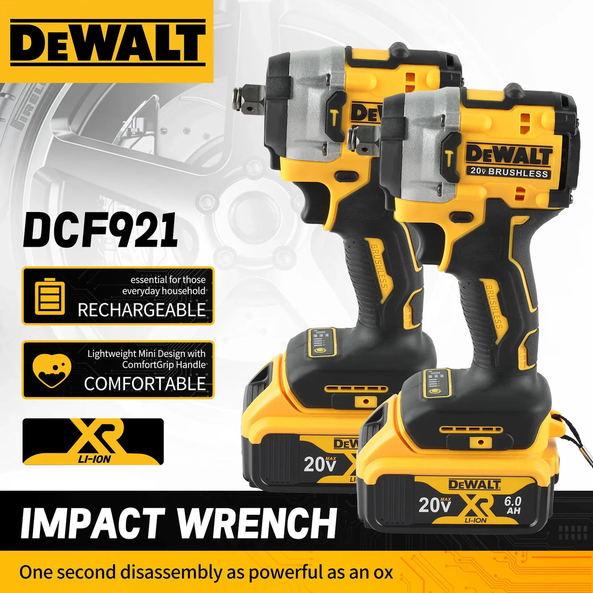 DeWALT DCF921 20V Cordless Brushless Impact Wrench, Compact Mini Body, 1/2 Inch Square Drive, Lightweight for Auto Tire Repair