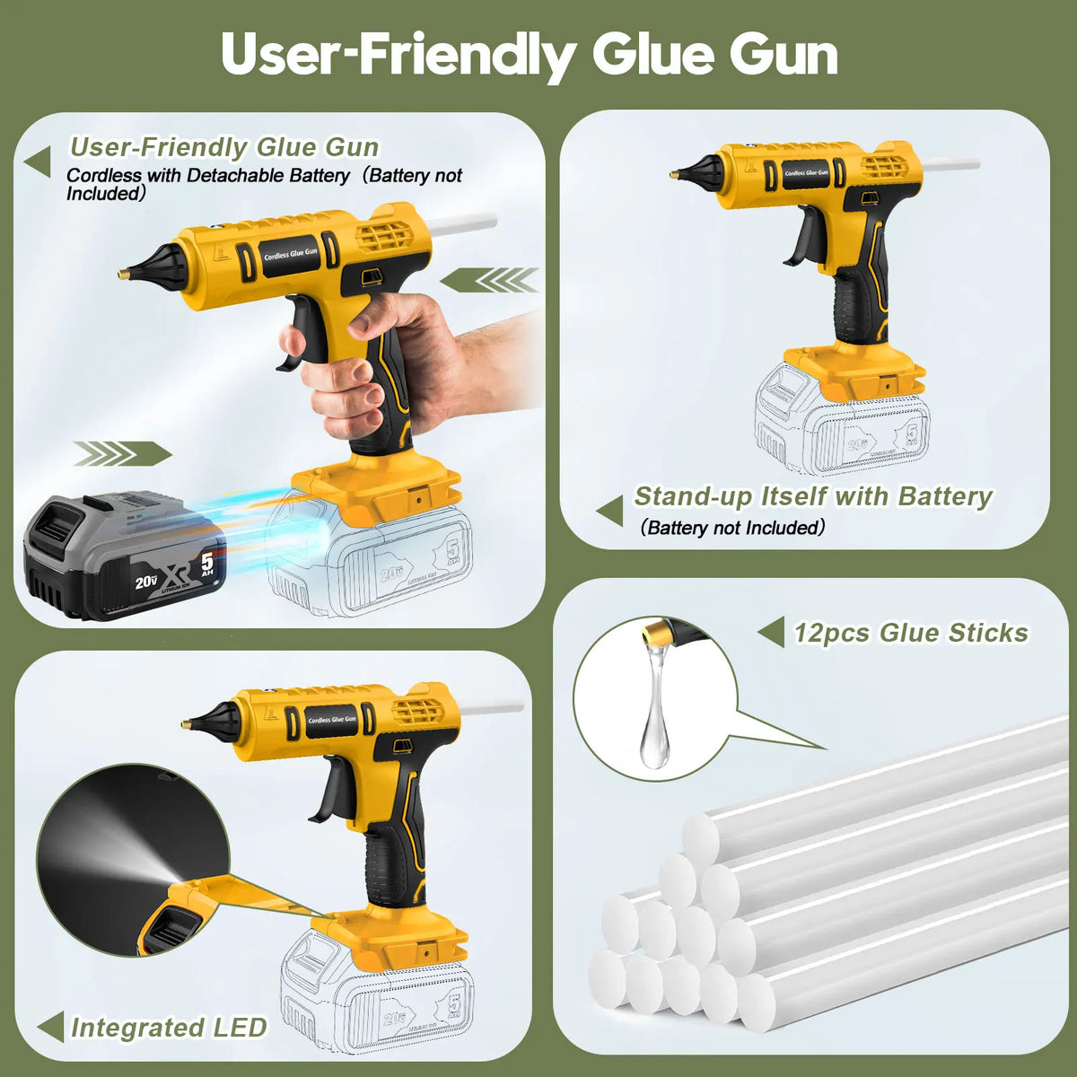 100W Cordless Hot Glue Gun for DeWalt 20V Battery (No Battery)&12 X 11mm Silicone Sticks Fast Heating Full Size Wireless Gun