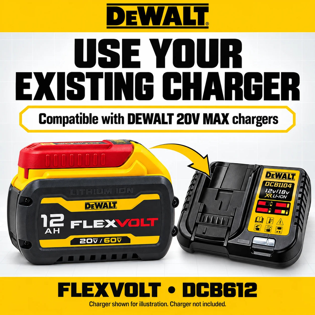 Original DEWALT DCB612 FLEXVOLT 60V MAX 12Ah Lithium Ion Rechargeable Battery for 20V and 60V MAX Cordless Power Tools
