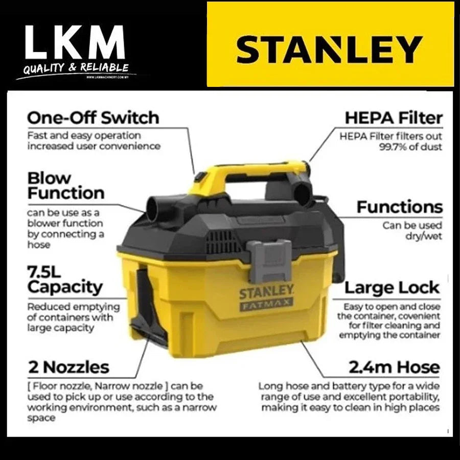 Stanley Rechargeable Cordless Vacuum Cleaner Wet & Dry 20V 7.5L Home Cleaning Construction Site Power Tools NO.SCV002