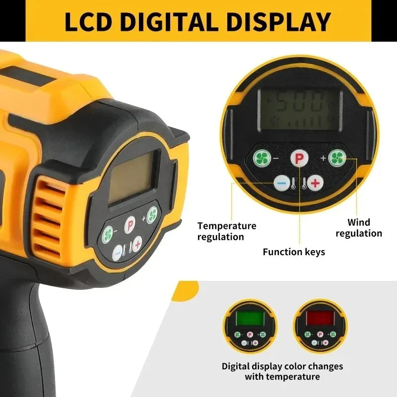 Dewalt Cordless Digital Display Electric Air Guns Heat Gun Industrial Shrink Wrapping Hot Air Gun With 3 Nozzles for 18V Battery