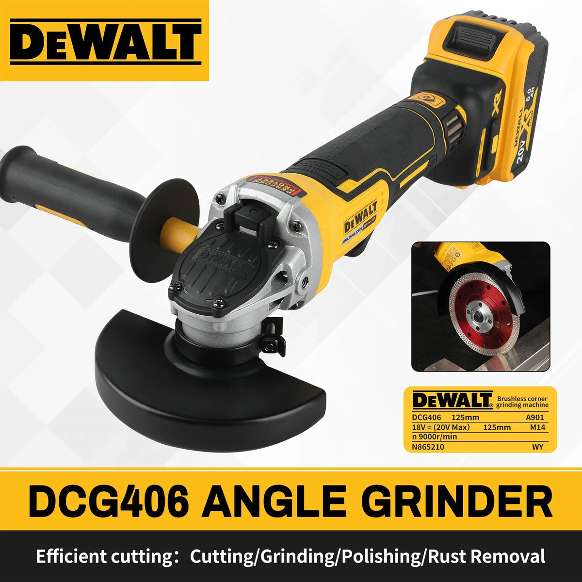 DEWALT DCG406 20V MAX Cordless Brushless 125mm Angle Grinder,Bare Tool Only - Efficient Cutting, Grinding & Polishing Machine