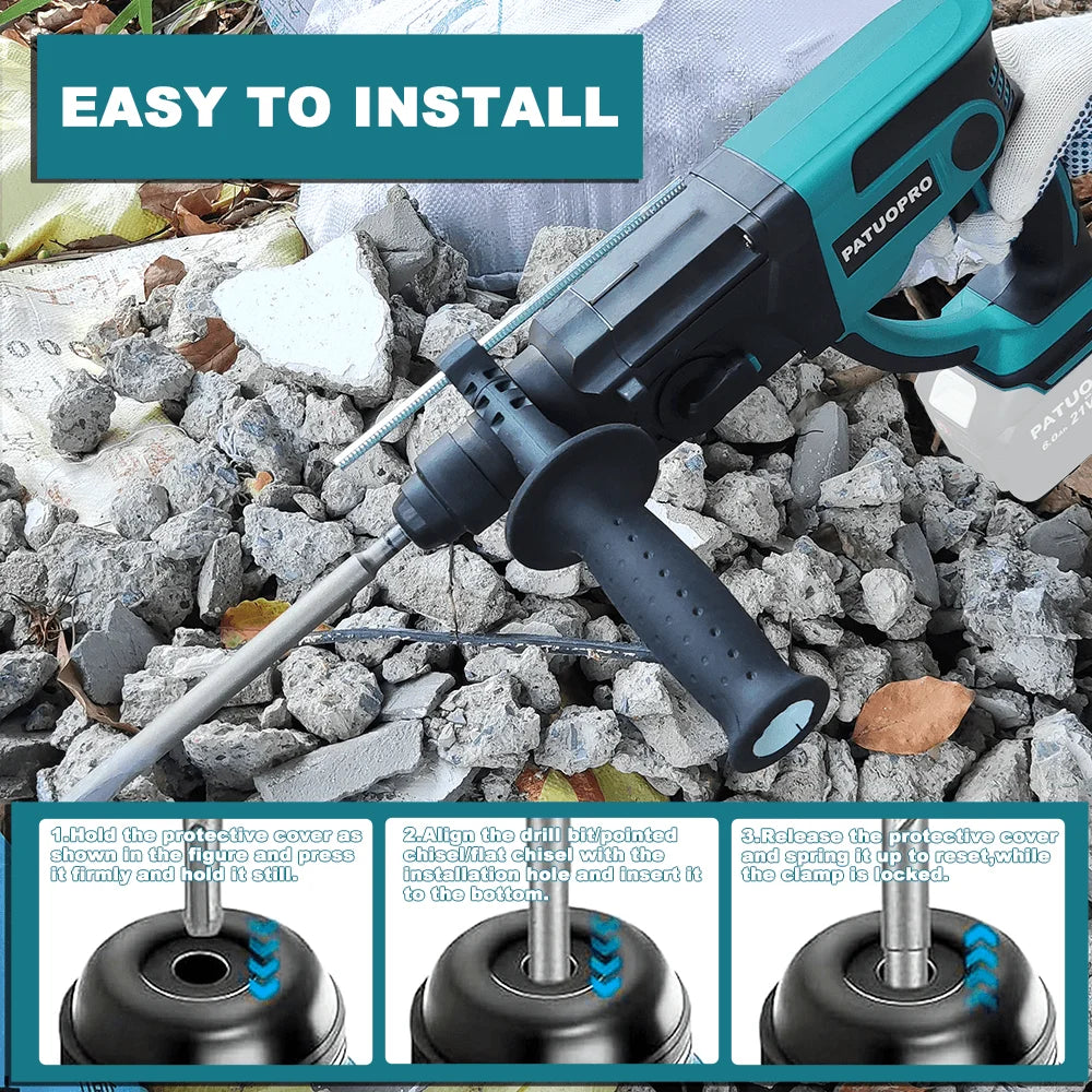 PATUOPRO 28mm Brushless Rotary Hammer Drill 3-Mode Hammer Drill chiselling Power Tool for Makita 18V Battery(No Battery)
