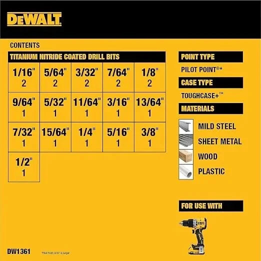 Original DEWALT DW1361 Titanium Twist Drill Bit Set Woodworking Metal HSS High Speed Steel Drill Bits 21Pcs Tool Attachments