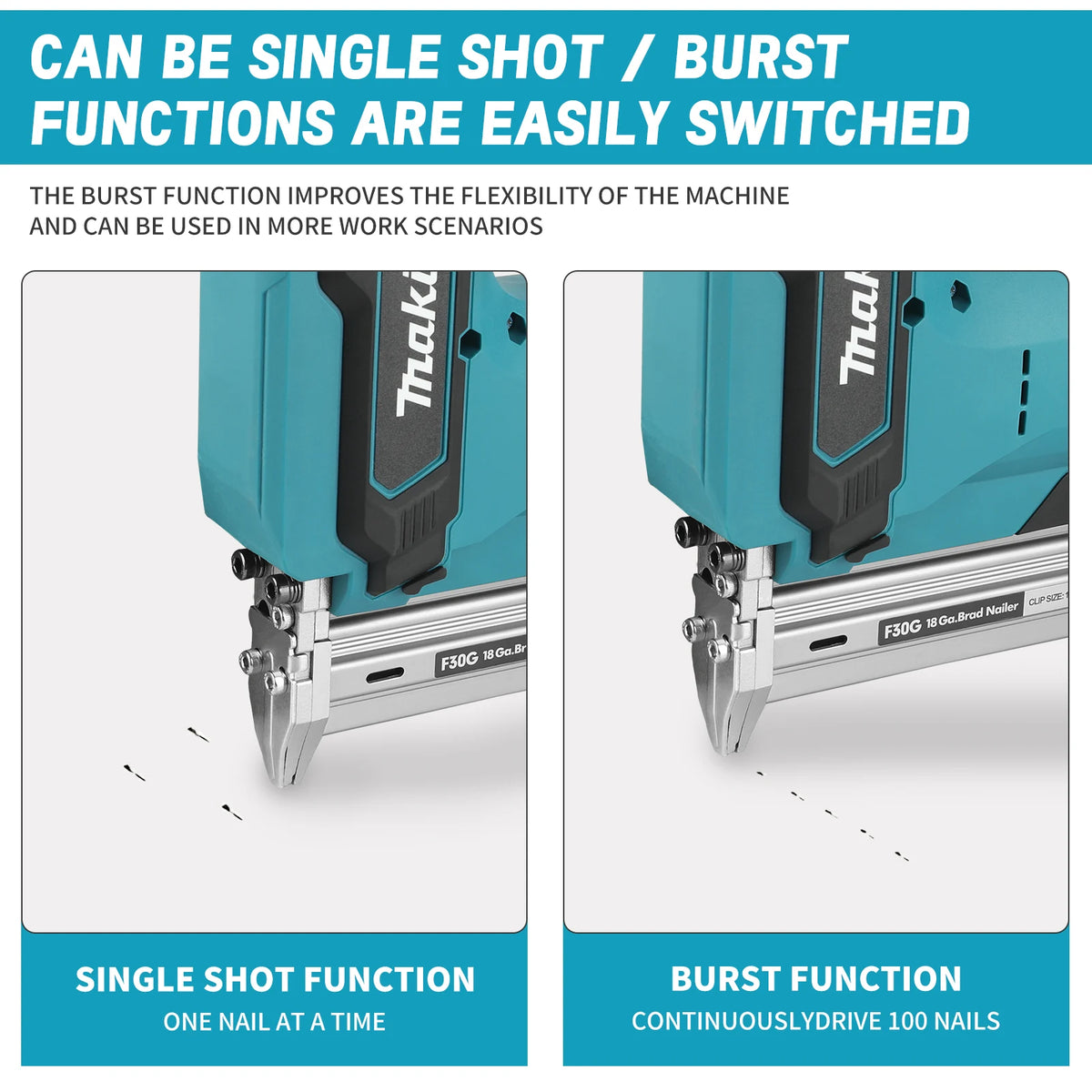Makita F30 Old/New 18V Battery Brushless Cordless Brad Impact Nail Gun 10-30mm 18Ga Single/Burst Woodworking Too