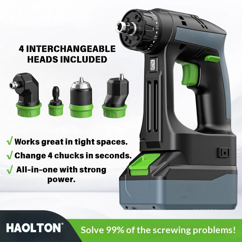 HAOLTON Cordless Brushless Drill 4-in-1 Kit, Quick Release/Offset/Right Angle Chuck, Variable Speed LED, for Makita 18V Battery
