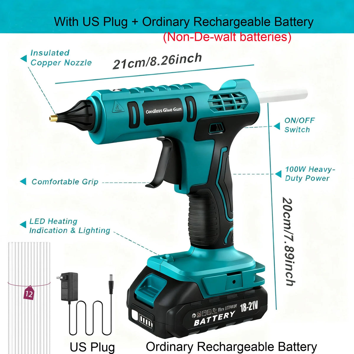 100W Cordless Hot Glue Gun for DeWalt 20V Battery (No Battery)&12 X 11mm Silicone Sticks Fast Heating Full Size Wireless Gun