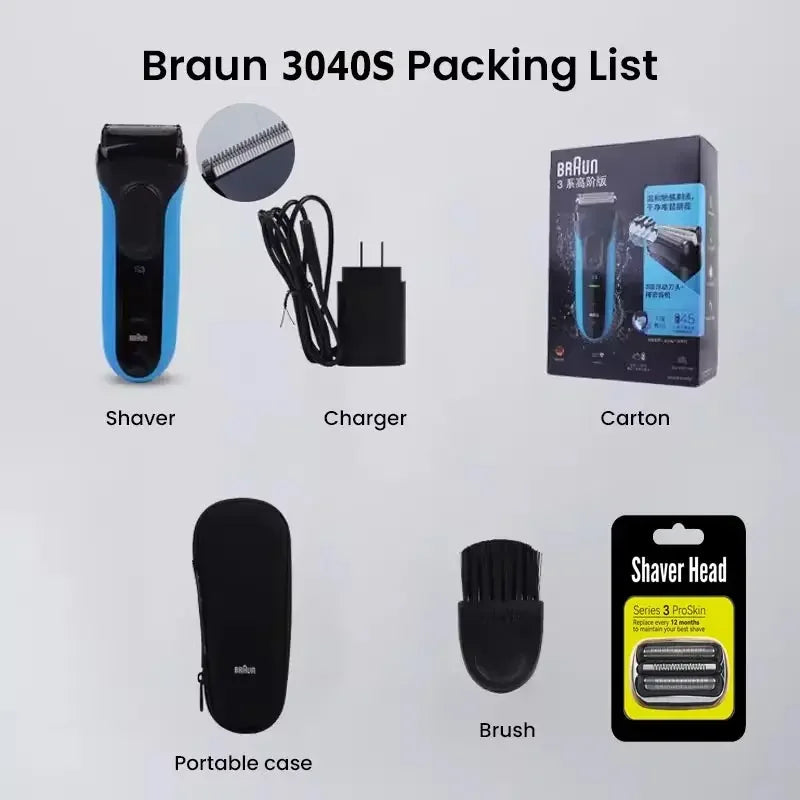 Braun Electric Shaver 3040s S3 Series Reciprocating Shaving Machine with Sideburn Trimmer Rechargeable Dry Wet Use Men's Razor