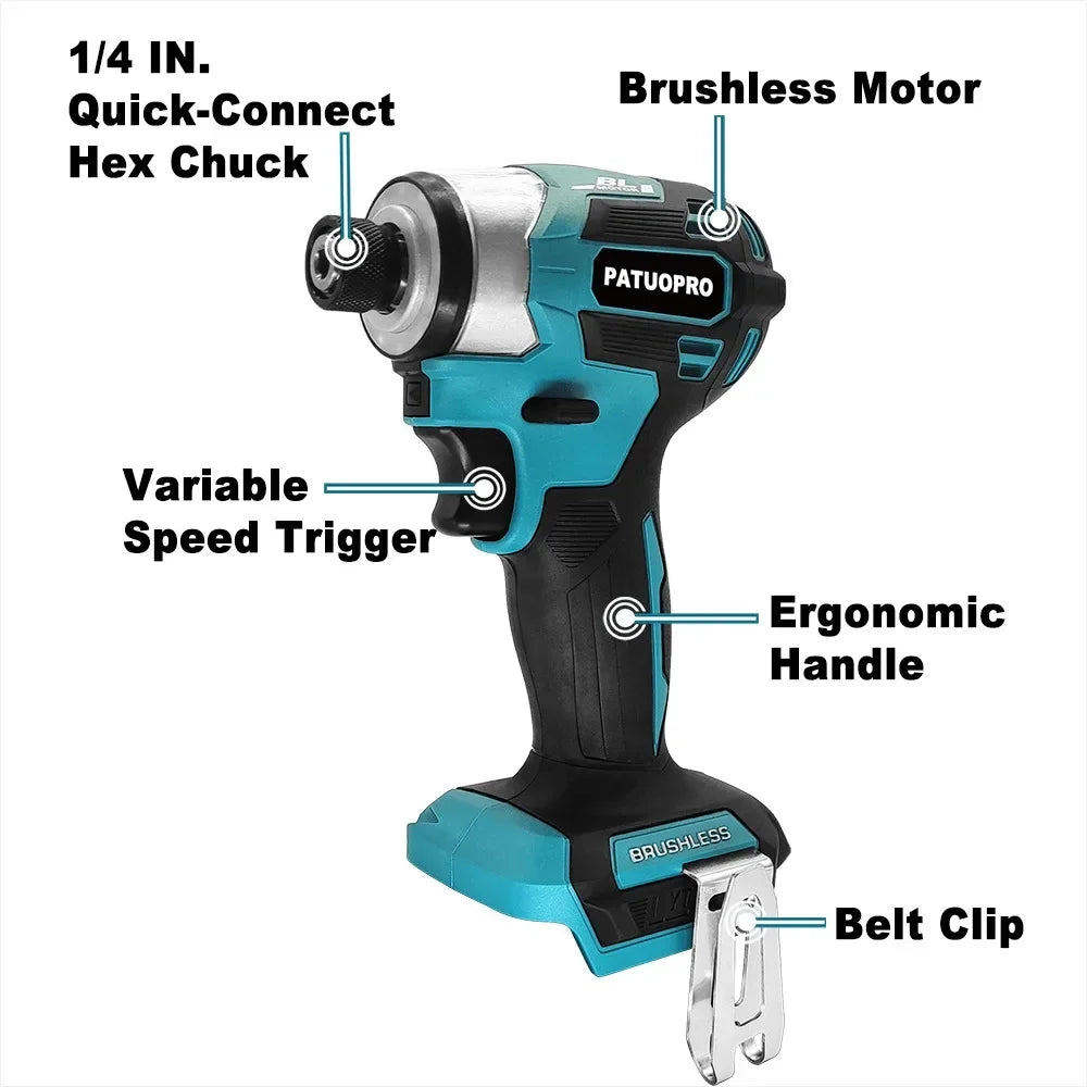 PATUOPRO 5 Speed Brushless Electric Screwdriver Cordless Impact Drill Driver 1/4 Inch Handheld Power Tool For Makita 18V Battery