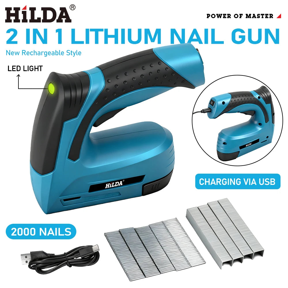 HILDA Electric Nail Gun Portable Furniture Pneumatic Gun Nail Gun DIY Tools 2 in1 Air Nail Gun with 2000pcs Staples LED Light