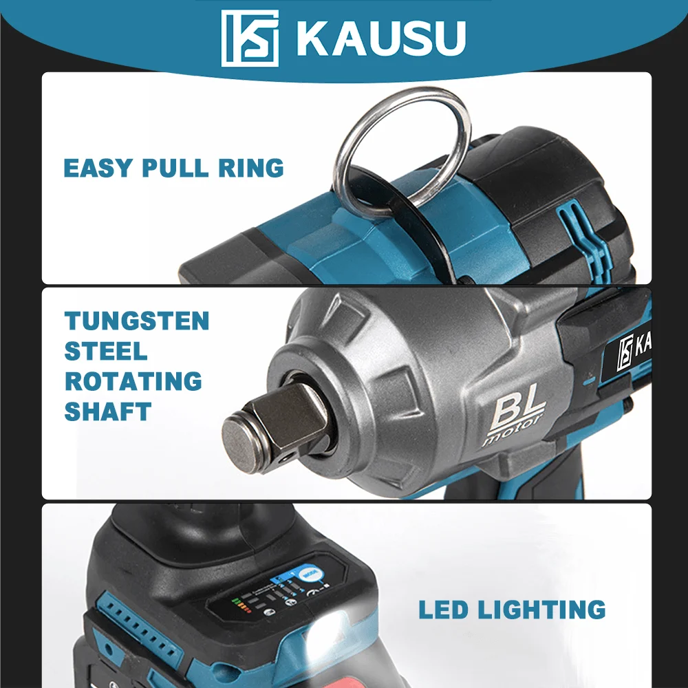 KAUSU 1/2 Inch Electric Impact Wrench Brushless Max 2500N.m Cordless Rechargable Wrench Power Tool For Makita 18V Battery