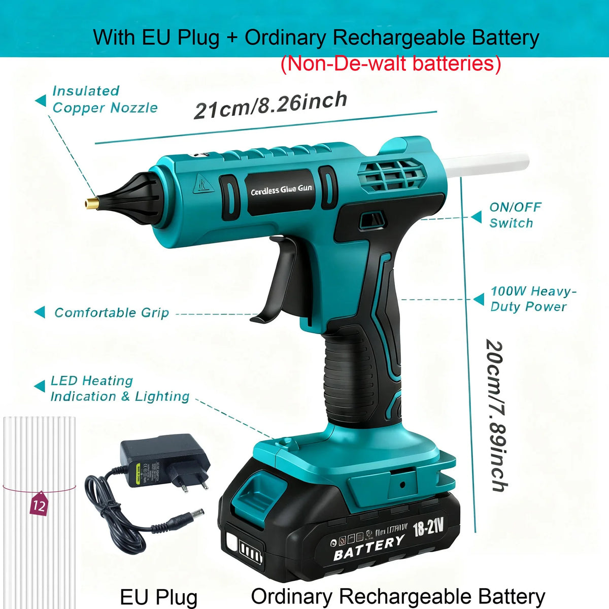 100W Cordless Hot Glue Gun for DeWalt 20V Battery (No Battery)&12 X 11mm Silicone Sticks Fast Heating Full Size Wireless Gun