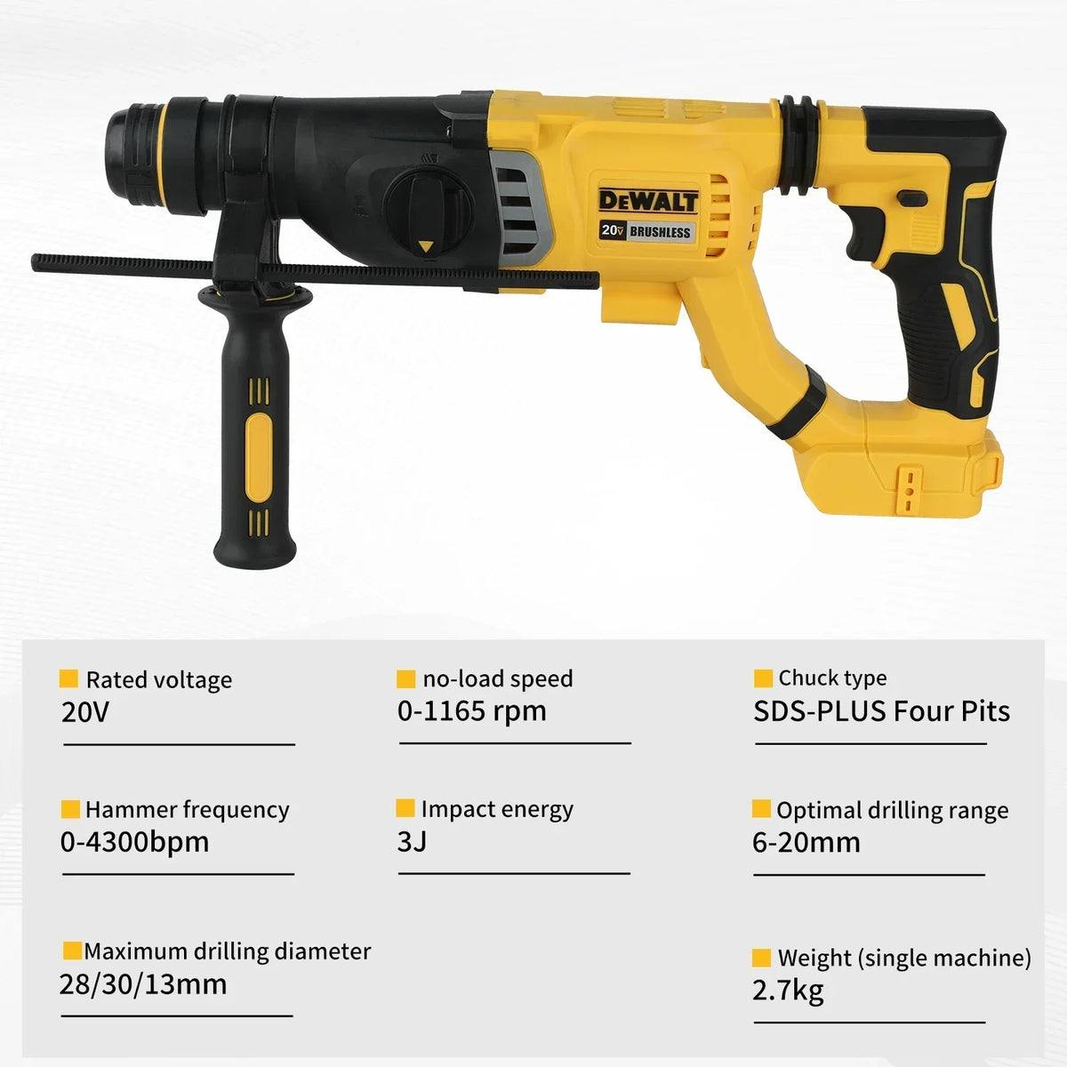 DEWALT DCH263B Cordless Rotary Hammer 3-Mode Drill Hammer Chisel 28mm Concrete SHOCKS D-Handle Tool Only
