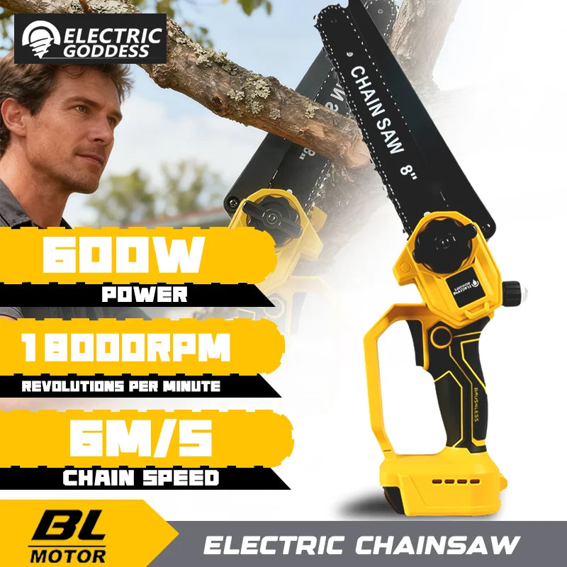 Electric Goddess 8in 6m/s Brushless Electric Chain Saw 600W Cordless Woodwork Cutting Garden Saw For 20V Dewalt Battery ﻿Pin ﻿ ﻿
