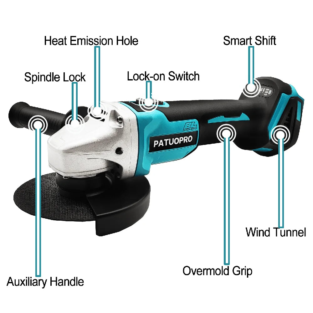 PATUOPRO 125MM Brushless Electric Angle Grinder Cordless Grinding Machine Handheld Polishing Power Tool For Makita 18V Battery