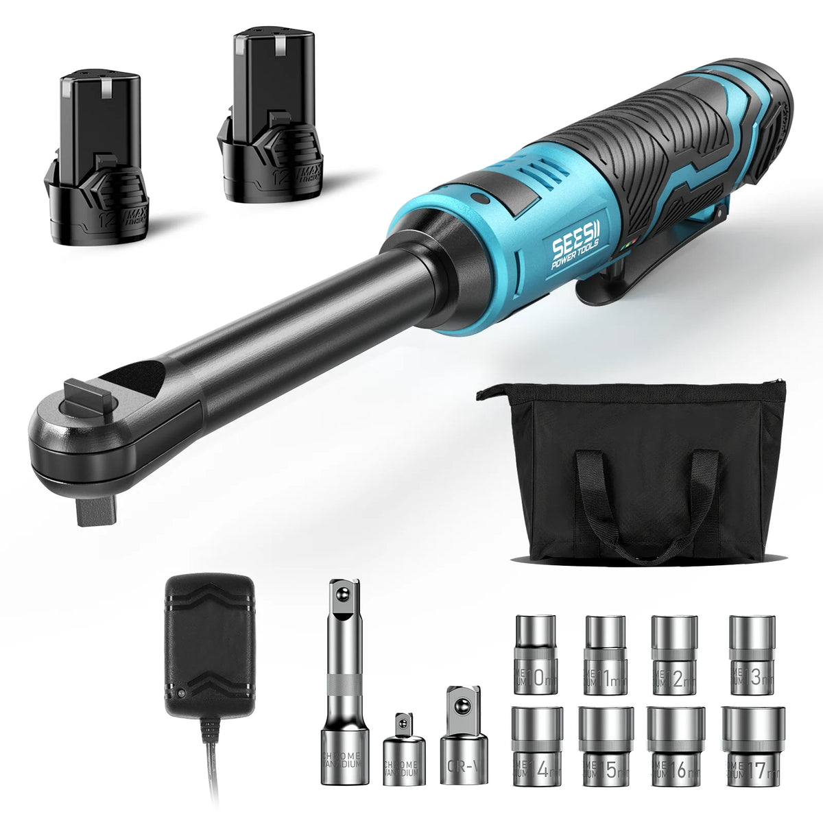 SEESII 3/8" Cordless Electric Wrench 55Nm 6'' Extended Ratchet Wrench 12V Rechargeable Angle Wrench Car Repair Tools with 2pcs Batteries
