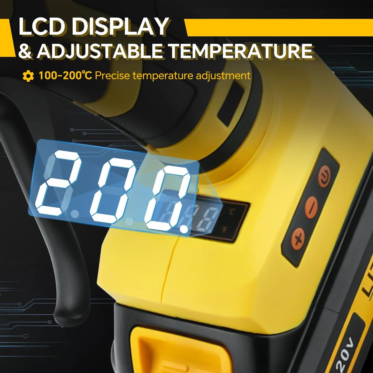 100W Cordless Hot Glue Gun 100°C-200°C Temp Adjust LCD Digital Display with 10Pcs 11mm Glue Sticks for Dewalt 20V Battery